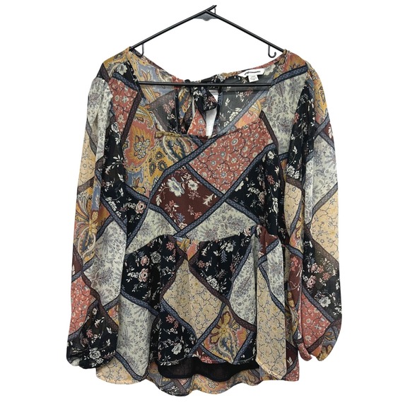 American Eagle Patchwork Floral Sheer Blouse L Long Sleeve Boho Tie Back - Picture 1 of 10